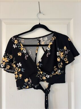 H&M Black Floral Tie-Front Crop Top with Yellow Accents